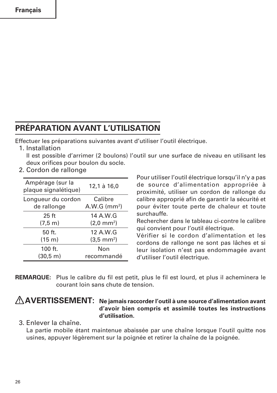 Préparation avant l’utilisation, Avertissement | Hitachi CC14SE OM User Manual | Page 26 / 52