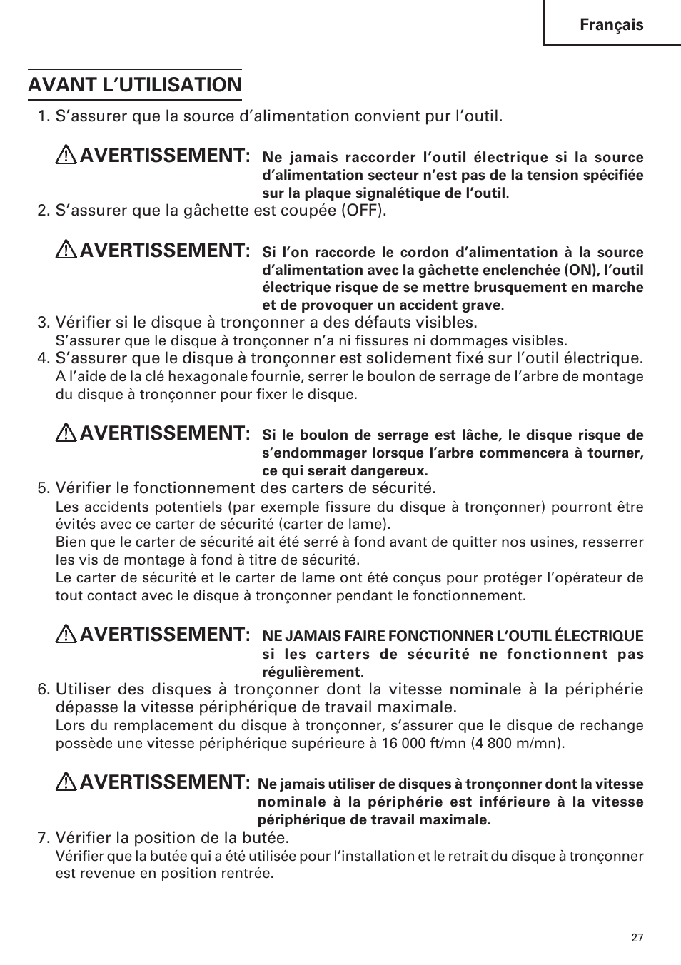 Avant l’utilisation, Avertissement | Hitachi CC14SE OM User Manual | Page 27 / 52