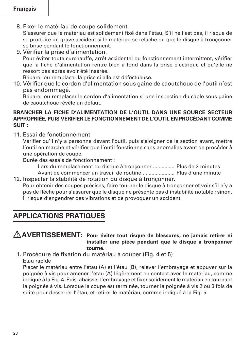 Applications pratiques avertissement | Hitachi CC14SE OM User Manual | Page 28 / 52