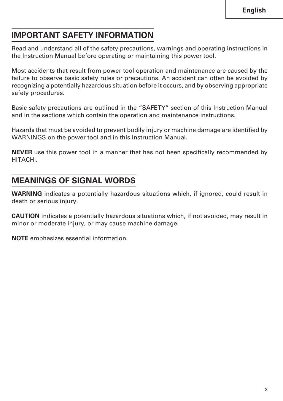 Important safety information, Meanings of signal words | Hitachi CC14SE OM User Manual | Page 3 / 52