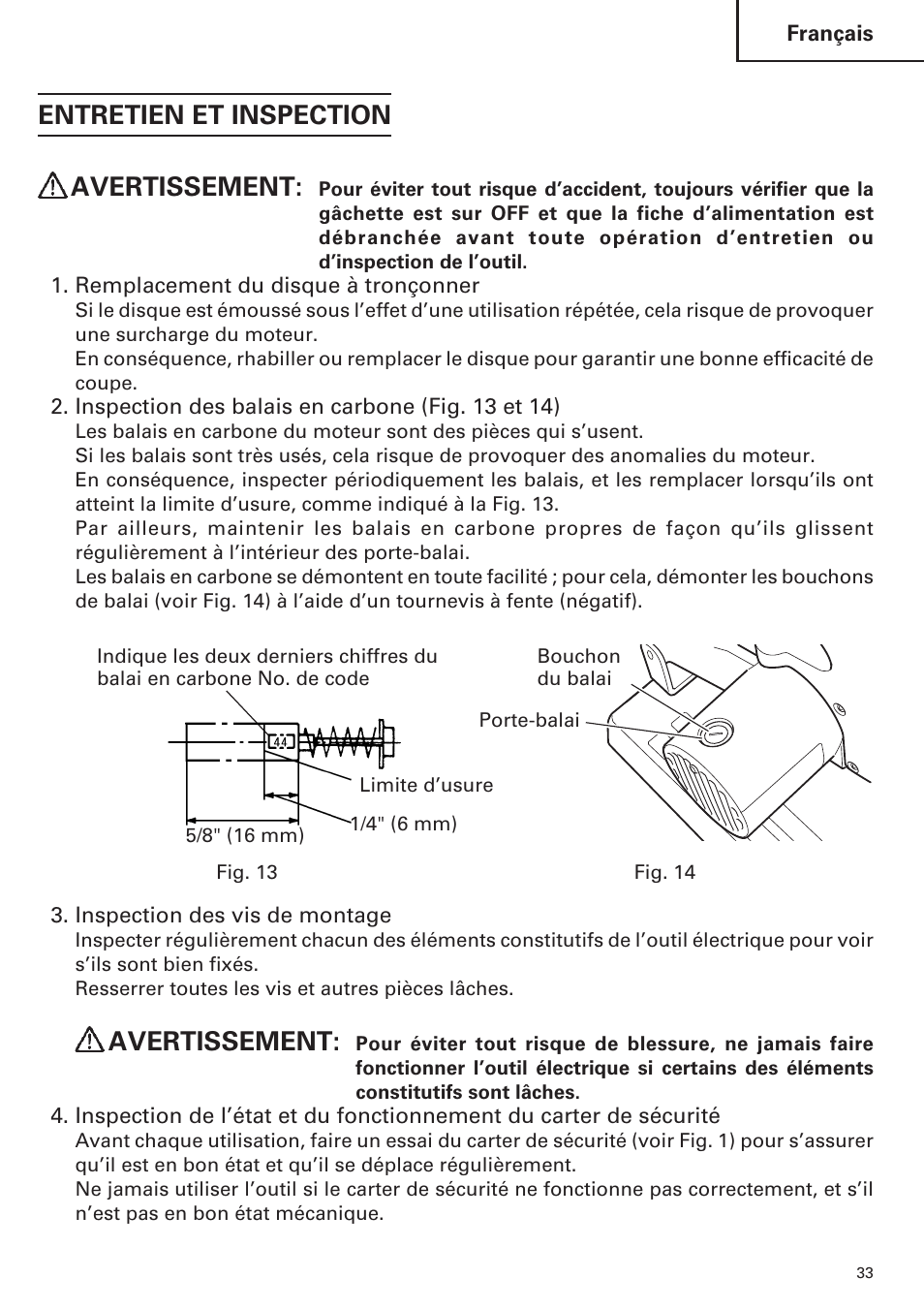 Entretien et inspection avertissement, Avertissement | Hitachi CC14SE OM User Manual | Page 33 / 52