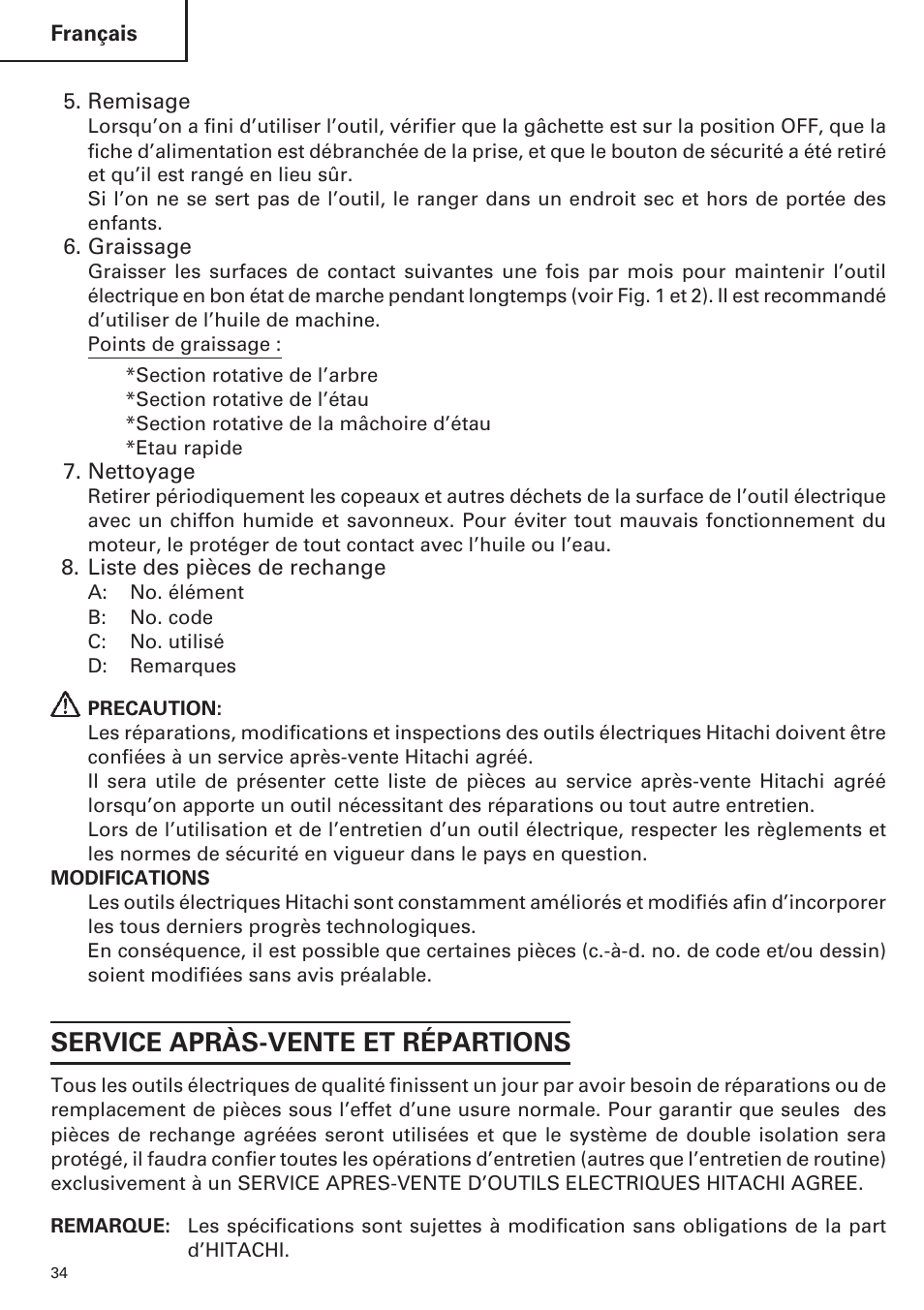 Service apràs-vente et répartions | Hitachi CC14SE OM User Manual | Page 34 / 52