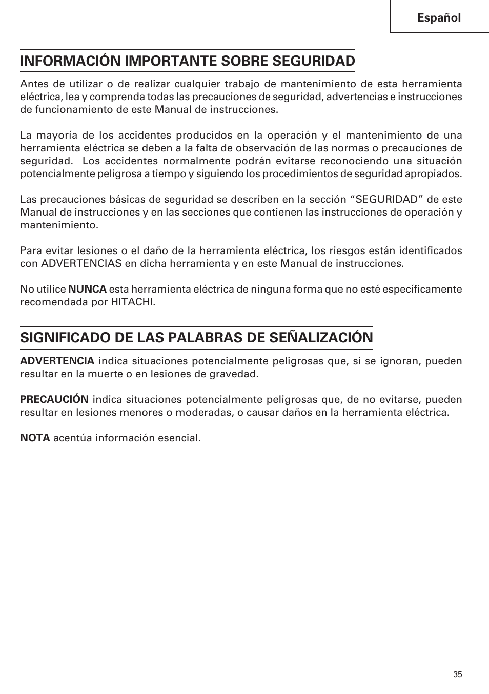 Información importante sobre seguridad, Significado de las palabras de señalización | Hitachi CC14SE OM User Manual | Page 35 / 52