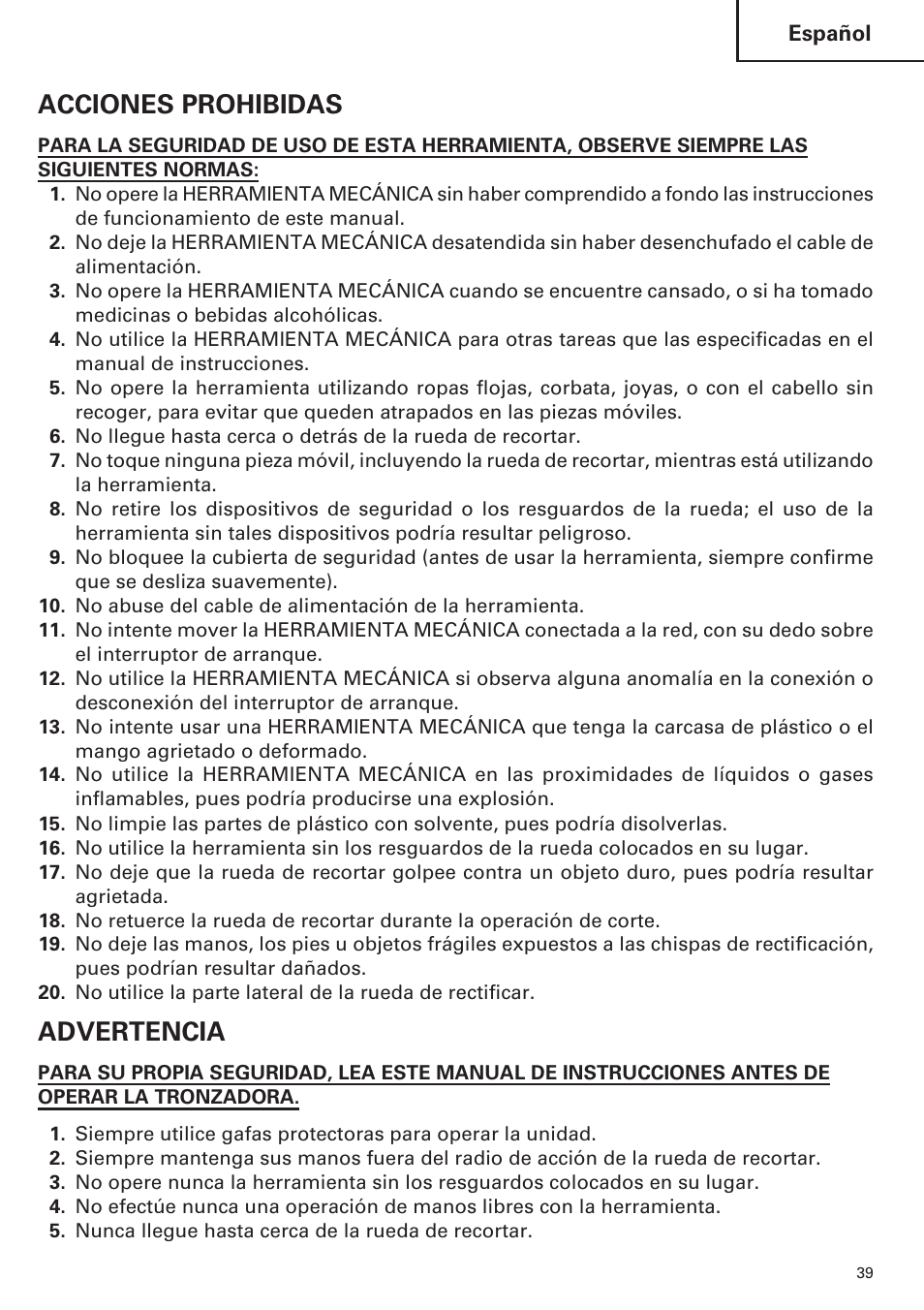 Acciones prohibidas, Advertencia | Hitachi CC14SE OM User Manual | Page 39 / 52