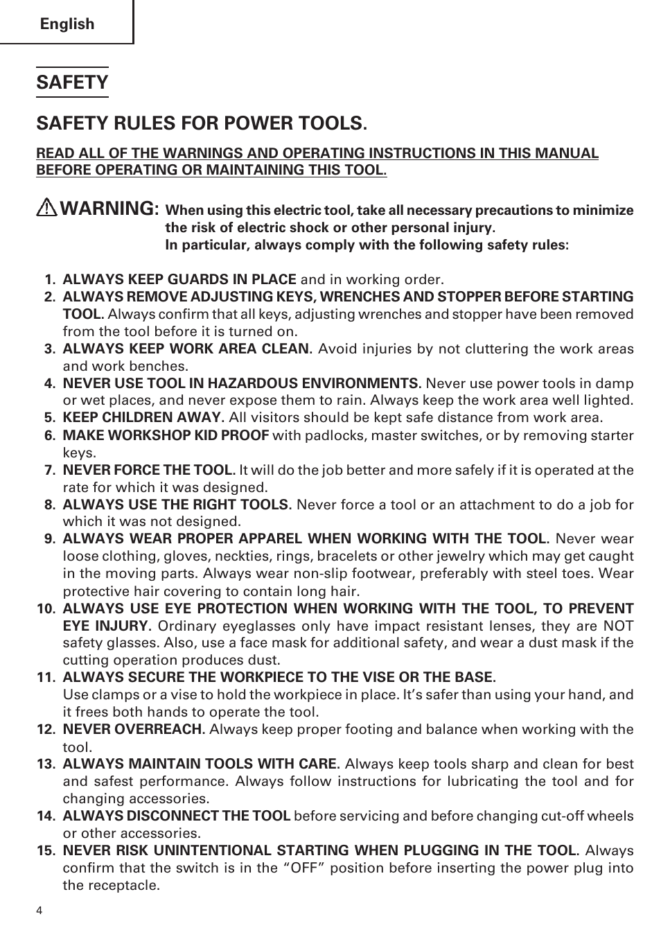 Safety safety rules for power tools, Warning | Hitachi CC14SE OM User Manual | Page 4 / 52