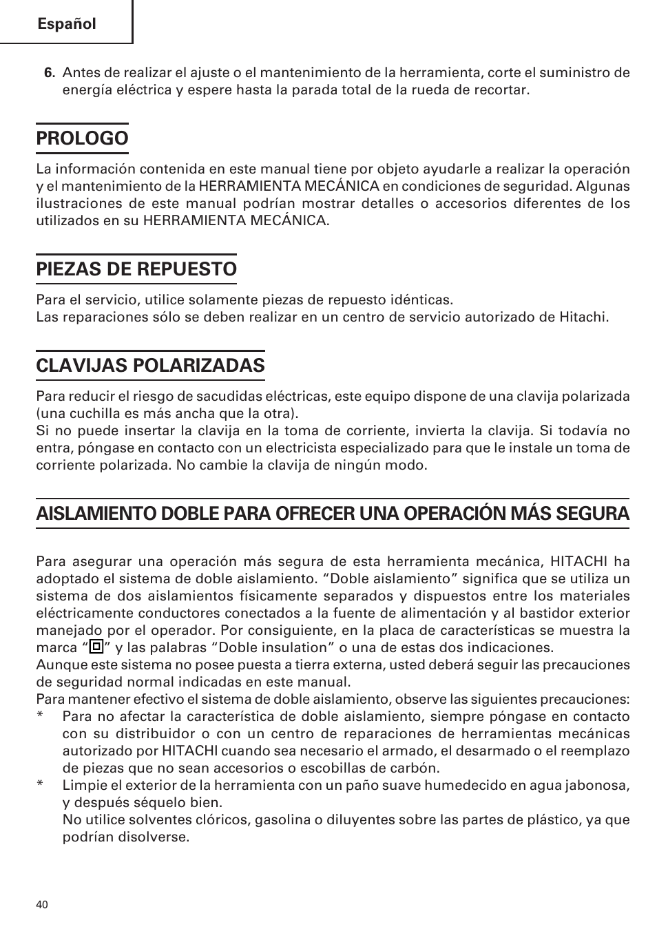 Prologo, Piezas de repuesto, Clavijas polarizadas | Hitachi CC14SE OM User Manual | Page 40 / 52