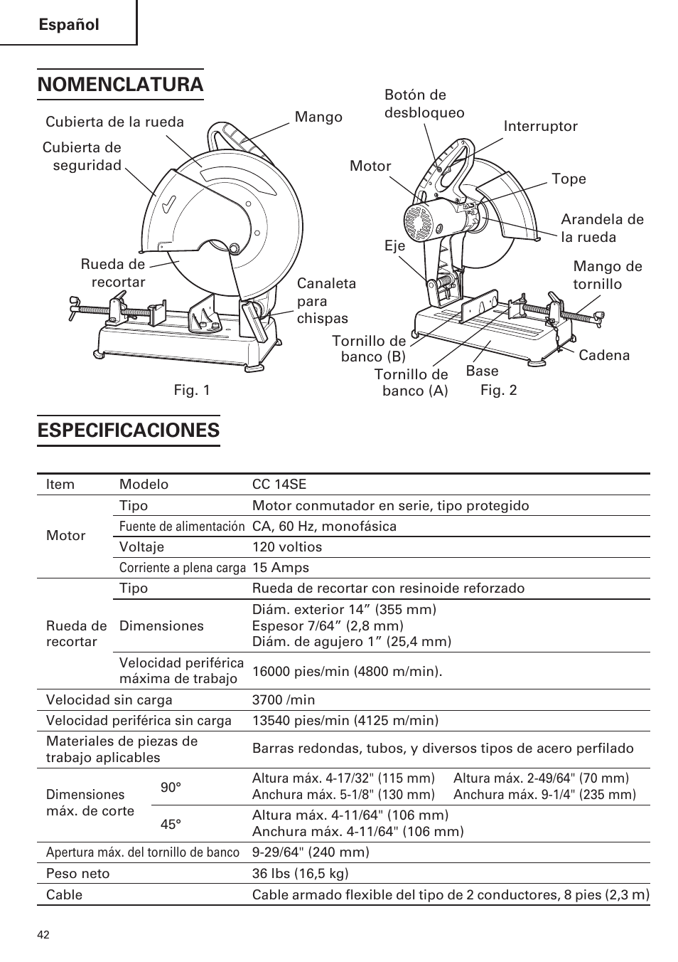 Especificaciones, Nomenclatura | Hitachi CC14SE OM User Manual | Page 42 / 52