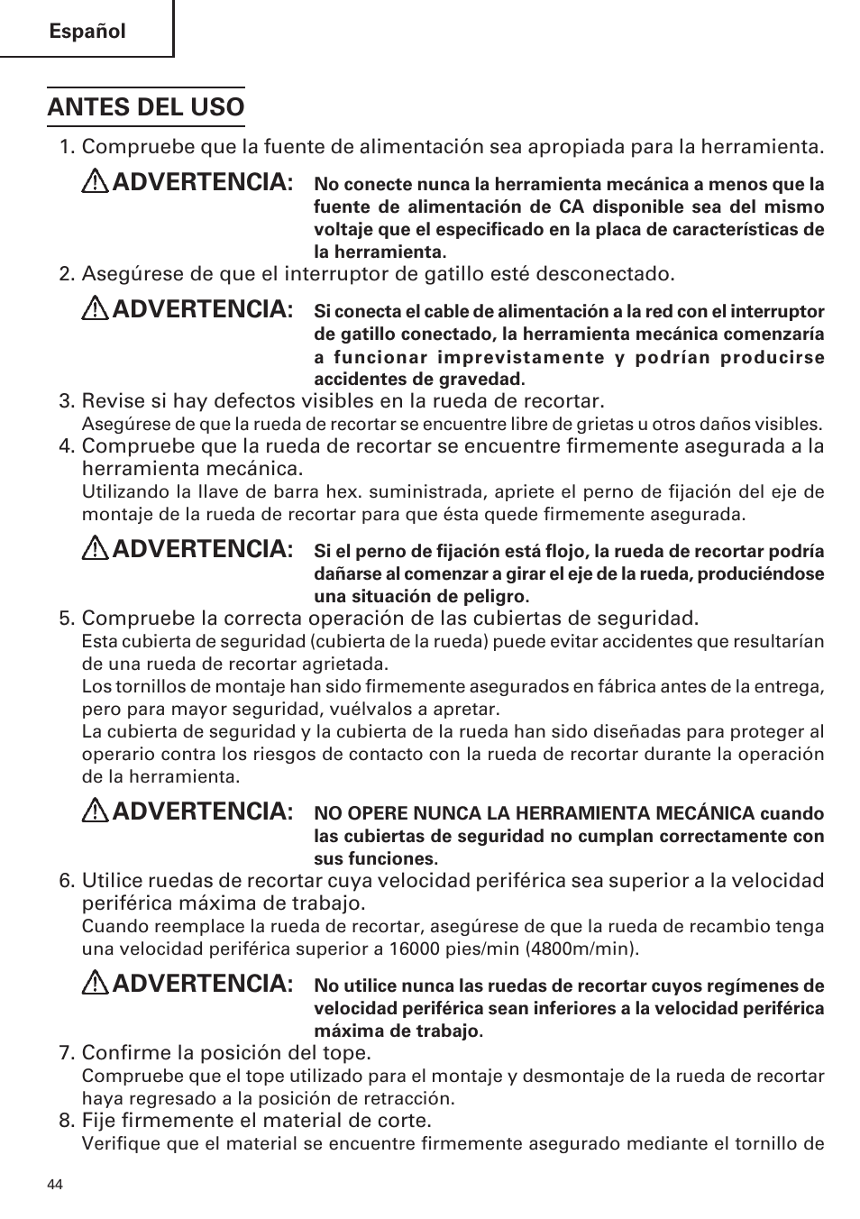 Antes del uso, Advertencia | Hitachi CC14SE OM User Manual | Page 44 / 52