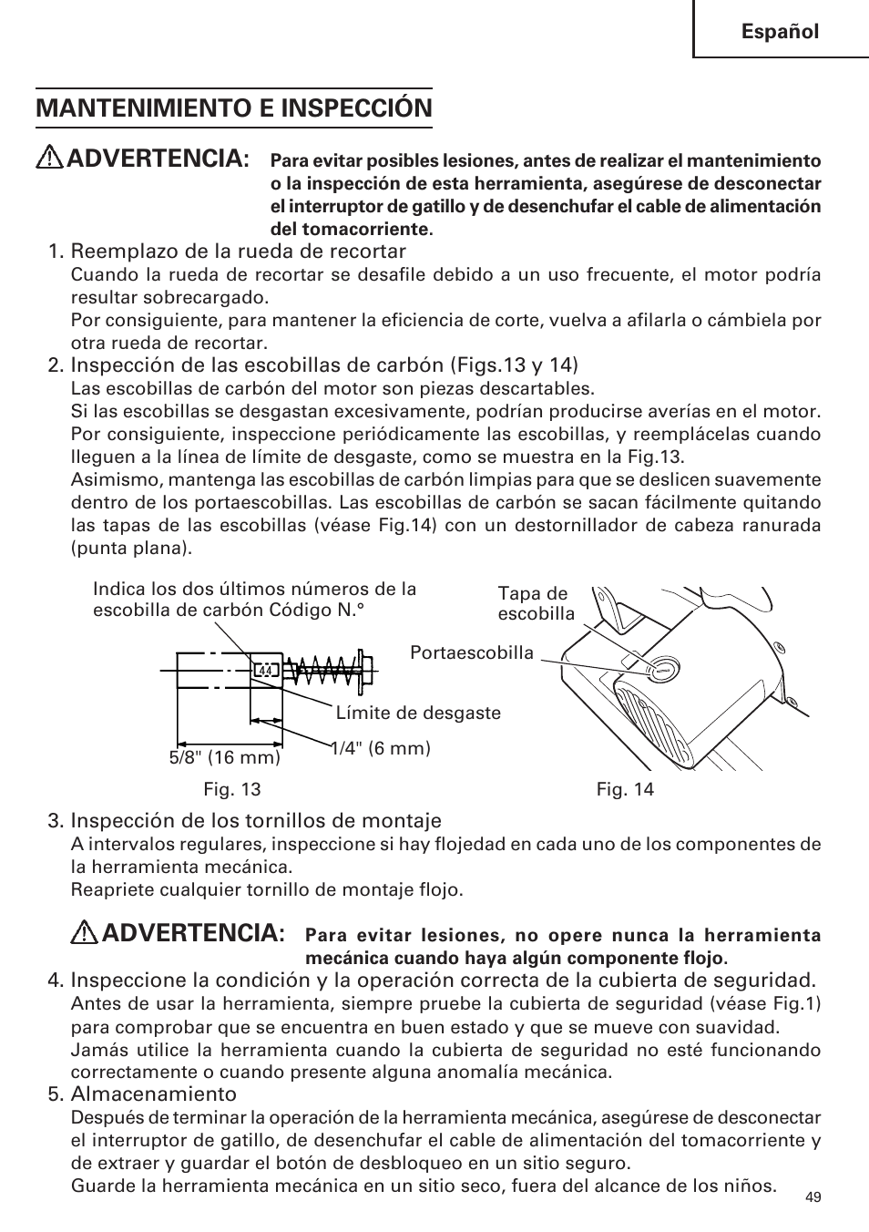 Mantenimiento e inspección advertencia, Advertencia | Hitachi CC14SE OM User Manual | Page 49 / 52