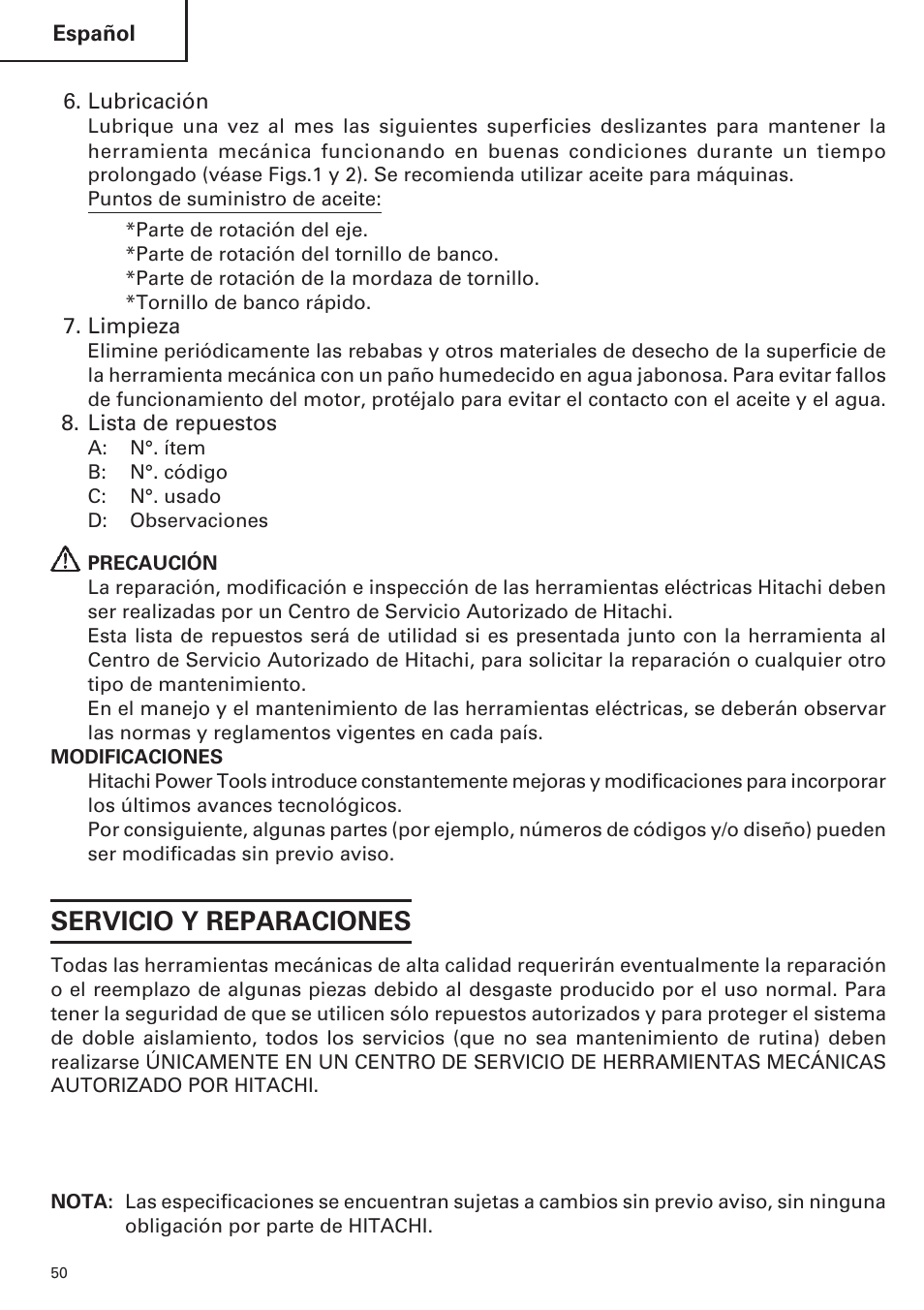 Servicio y reparaciones | Hitachi CC14SE OM User Manual | Page 50 / 52