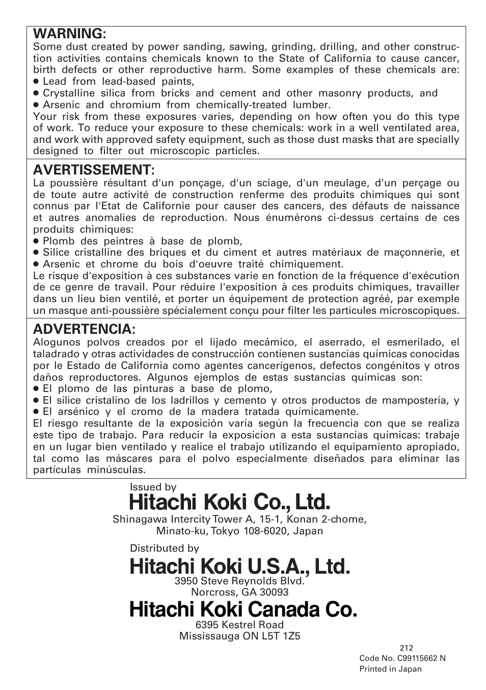 Hitachi koki canada co, Warning, Avertissement | Advertencia | Hitachi CC14SE OM User Manual | Page 52 / 52