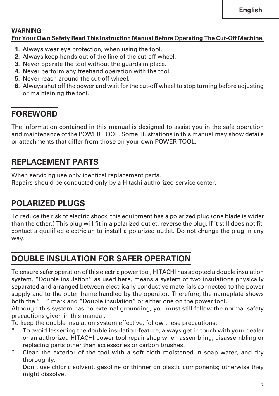 Foreword, Replacement parts, Polarized plugs | Double insulation for safer operation | Hitachi CC14SE OM User Manual | Page 7 / 52