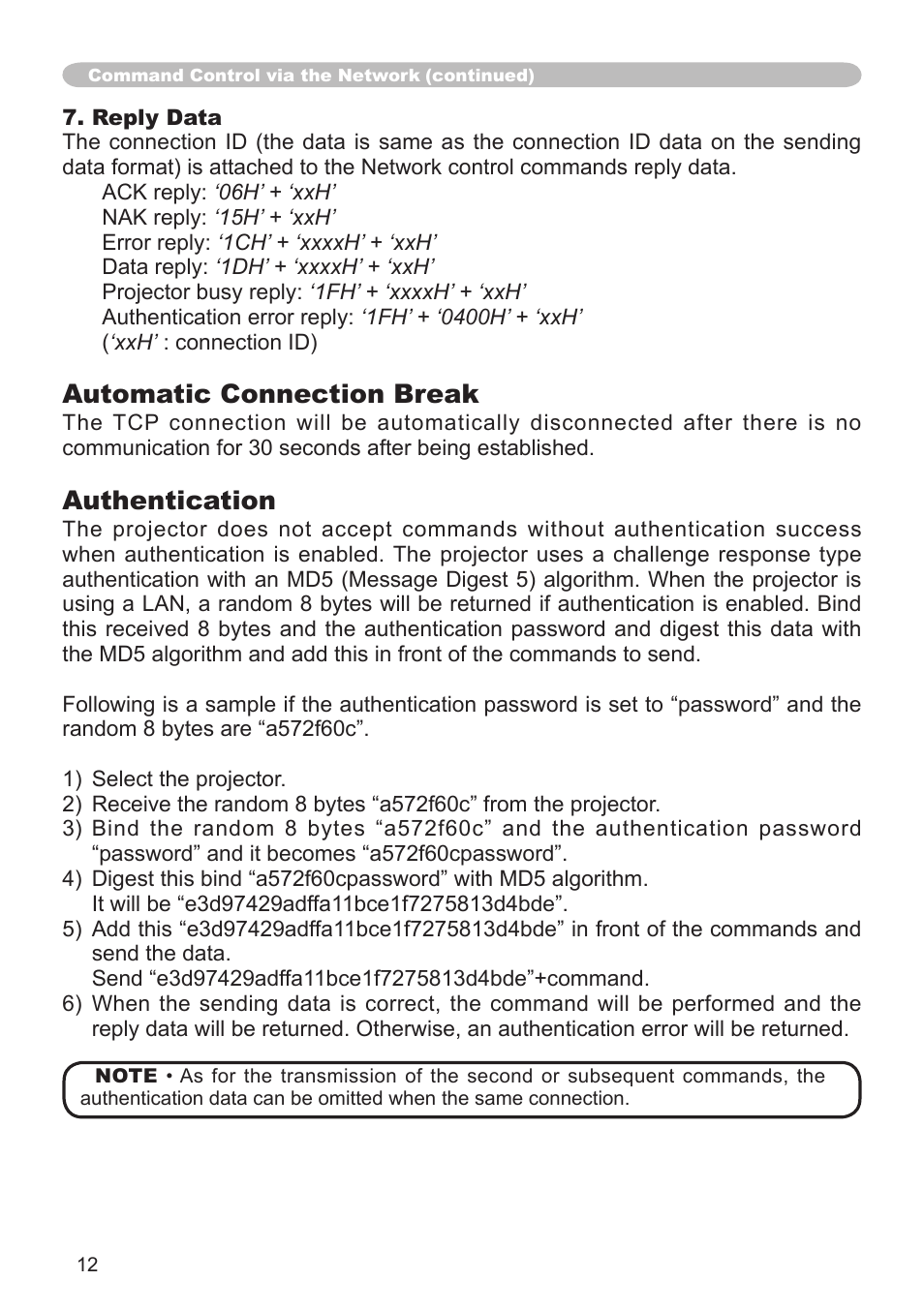 Automatic connection break, Authentication | Hitachi CP-X206 User Manual | Page 12 / 22