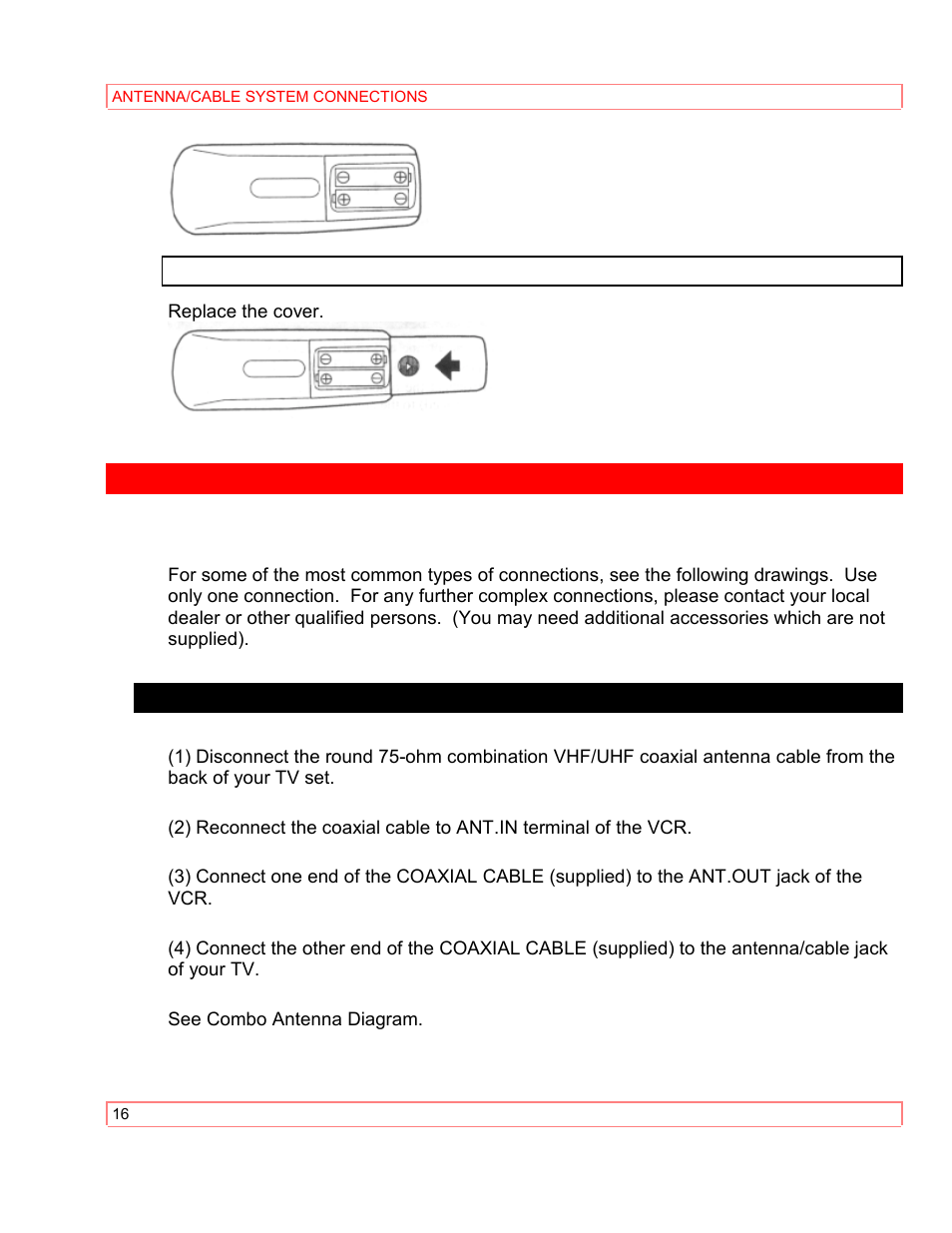 Antenna/cable system connections, Combination vhf/uhf antenna | Hitachi VT-M290A User Manual | Page 16 / 73