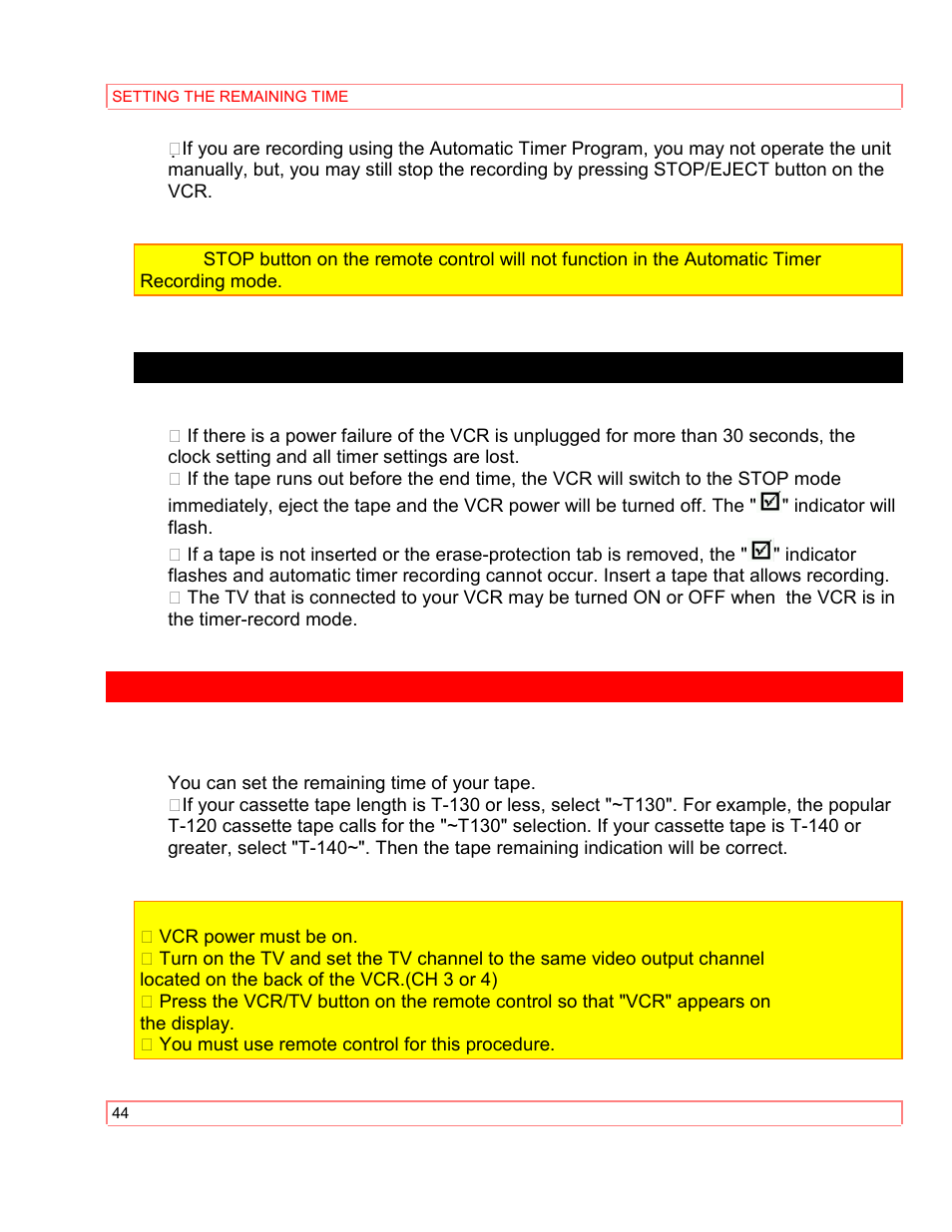 Automatic timer recording hints, Setting the remaining time | Hitachi VT-M290A User Manual | Page 44 / 73
