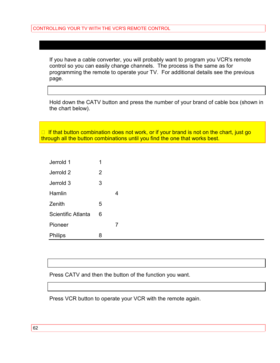 Remote control of the cable converter | Hitachi VT-M290A User Manual | Page 62 / 73