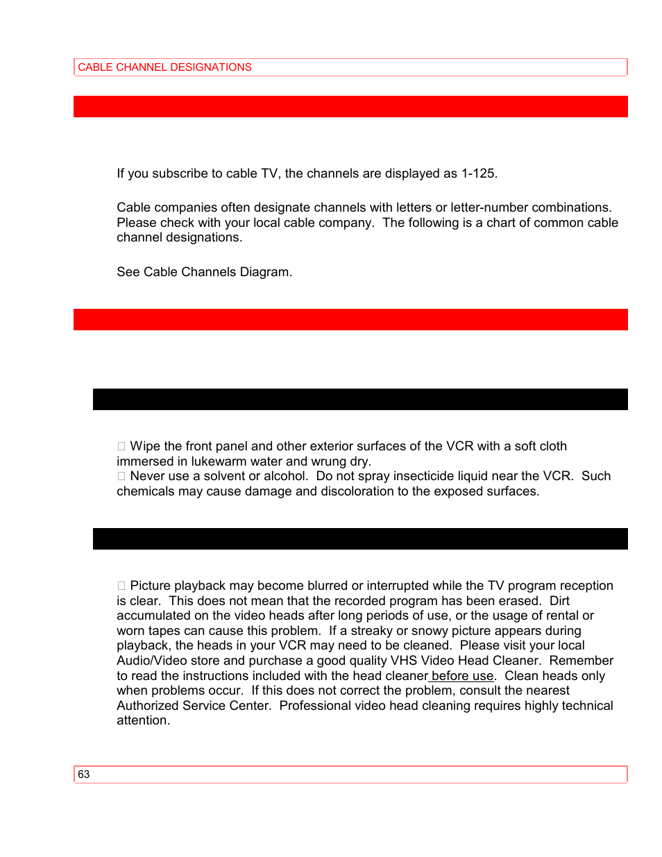 Cable channel designations maintenance, Cabinet cleaning head cleaning | Hitachi VT-M290A User Manual | Page 63 / 73