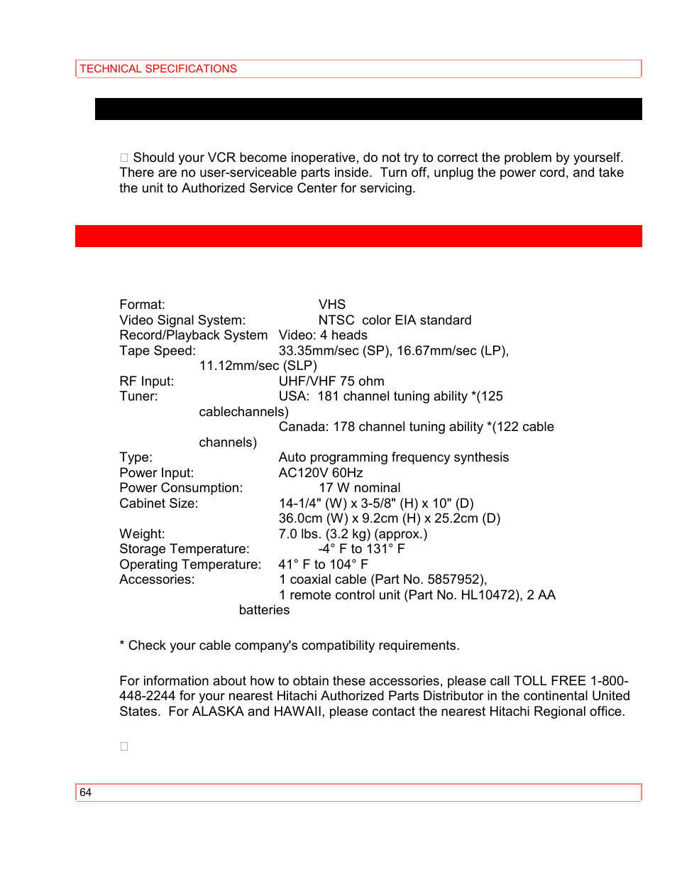 Servicing, Technical specifications | Hitachi VT-M290A User Manual | Page 64 / 73