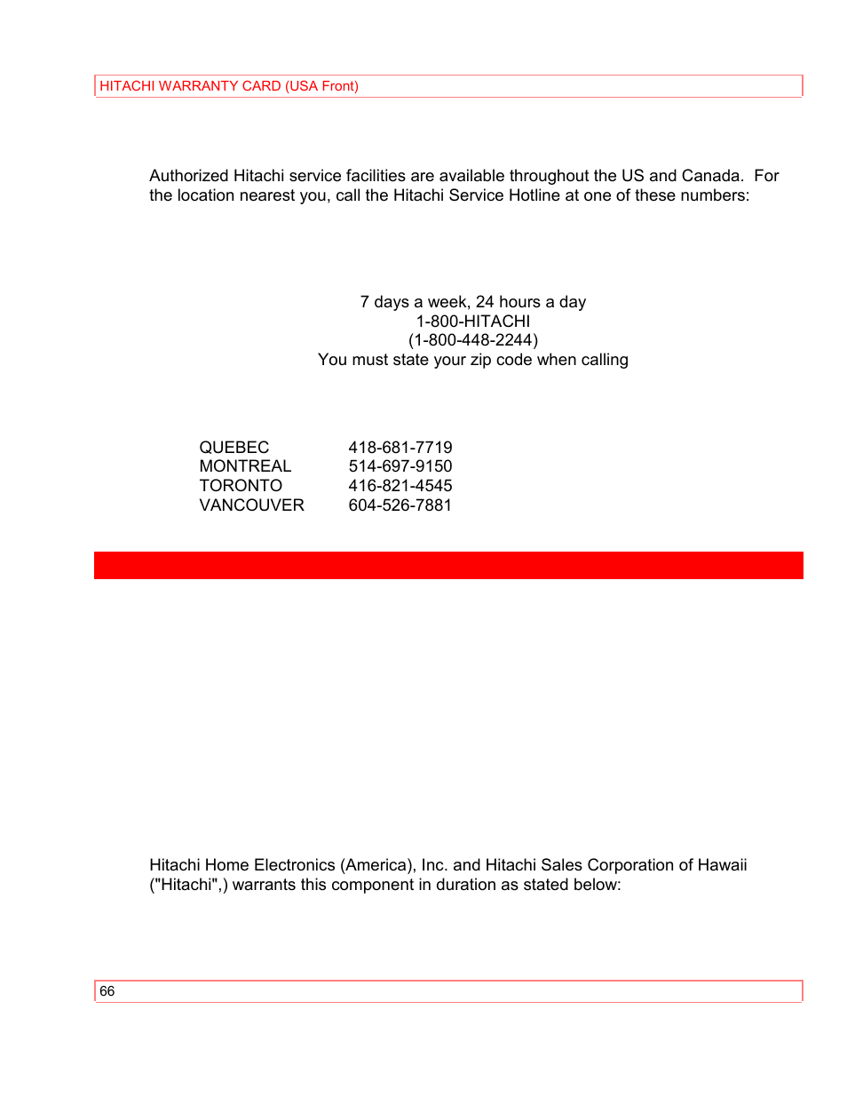 Hitachi warranty card (usa front) | Hitachi VT-M290A User Manual | Page 66 / 73