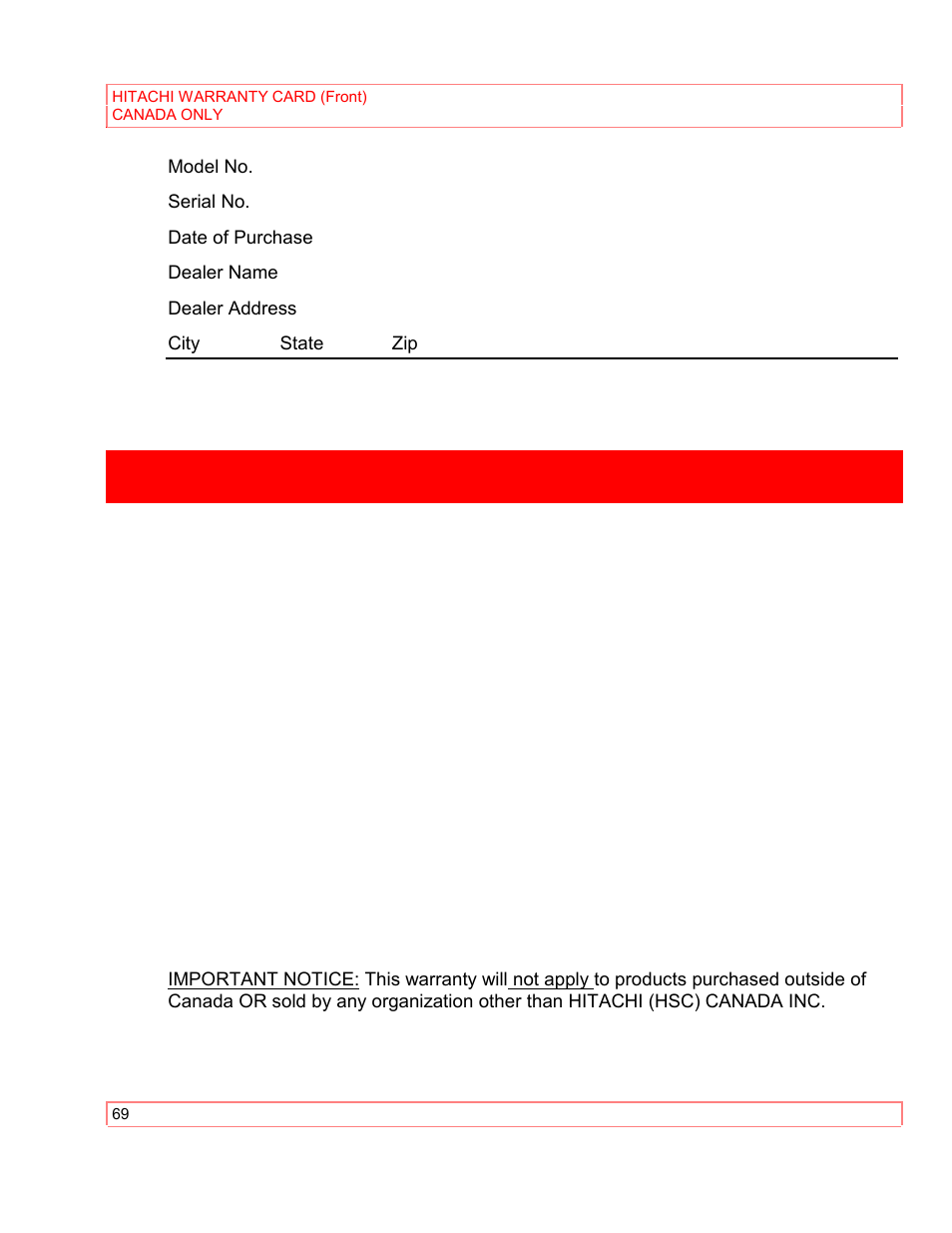Hitachi warranty card (front) canada only | Hitachi VT-M290A User Manual | Page 69 / 73