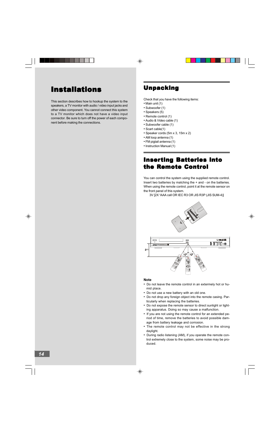 Installa, Installa installations tions tions tions tions, Unpacking | Inser | Hitachi HTD-K160 User Manual | Page 14 / 47