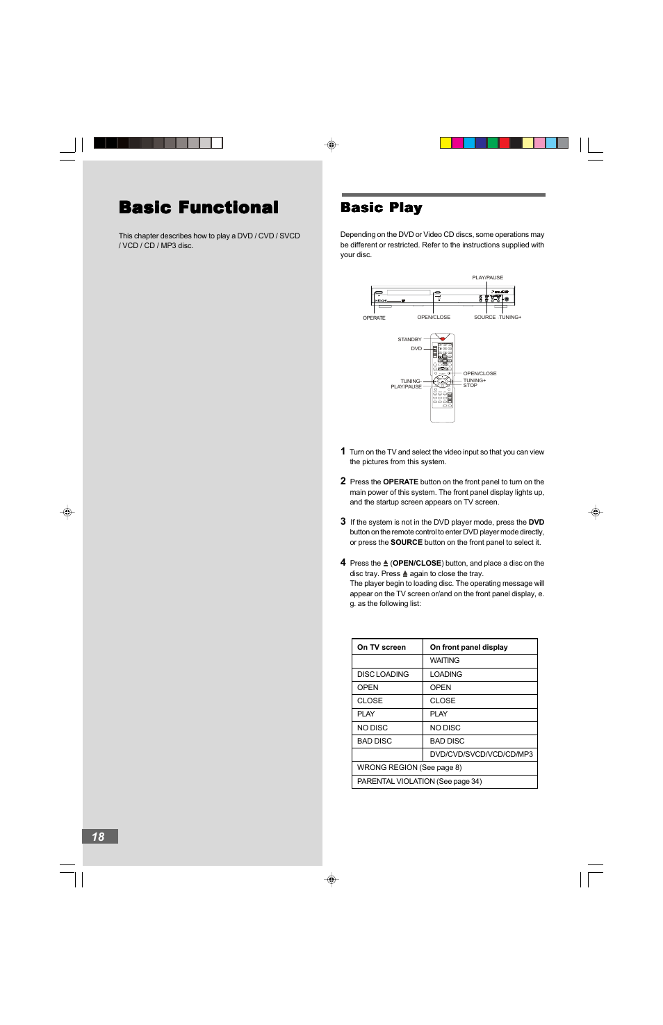 Basic functional, Basic play | Hitachi HTD-K160 User Manual | Page 18 / 47