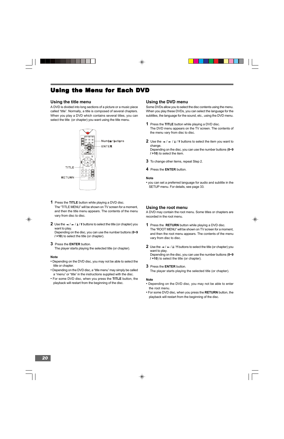 Using the men, 20 using the title menu, Using the dvd menu | Using the root menu | Hitachi HTD-K160 User Manual | Page 20 / 47