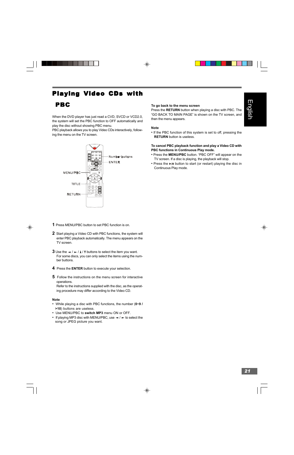 English, Playing video cds with, Playing video cds with pbc pbc pbc pbc pbc | Hitachi HTD-K160 User Manual | Page 21 / 47