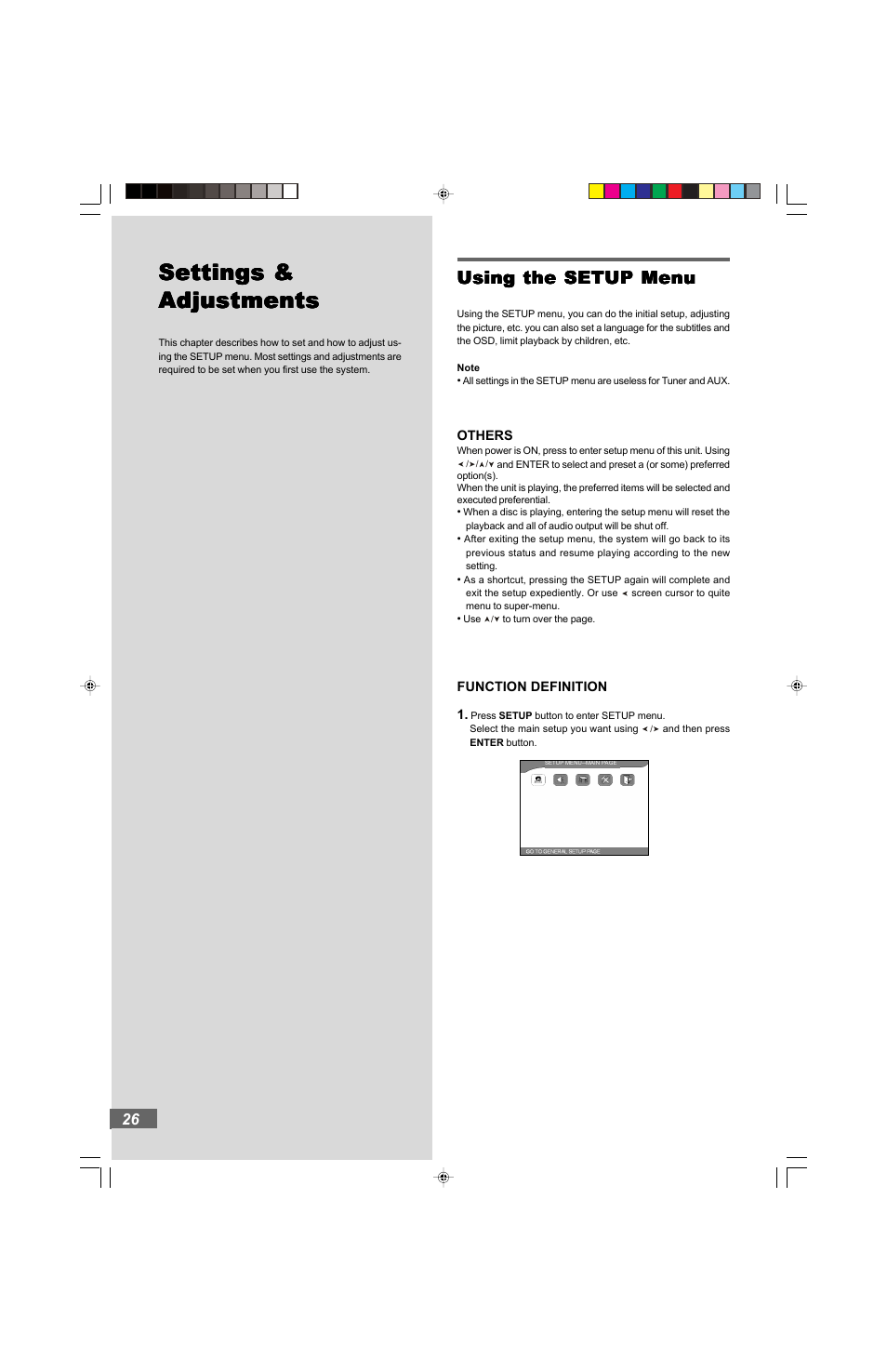 Settings, Using the setup menu | Hitachi HTD-K160 User Manual | Page 26 / 47