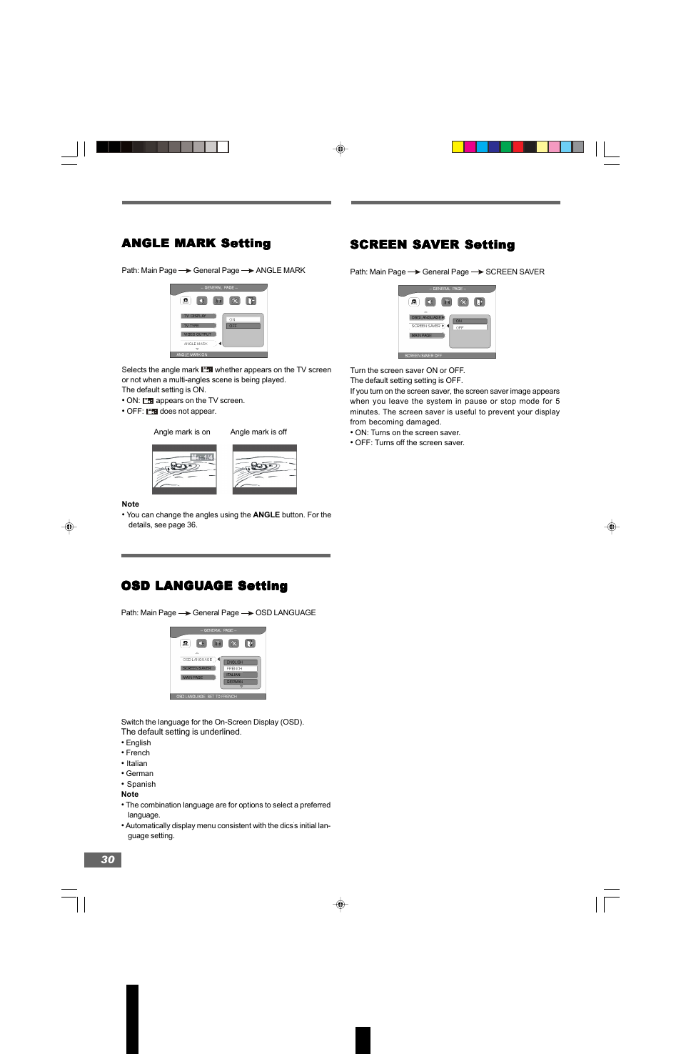 Angle mark setting, Screen sa, Osd langu | Hitachi HTD-K160 User Manual | Page 30 / 47