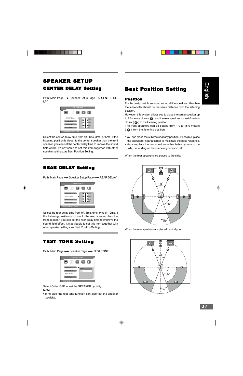 English, Speaker setup, Best p | Center dela, Rear dela, Test | Hitachi HTD-K160 User Manual | Page 31 / 47