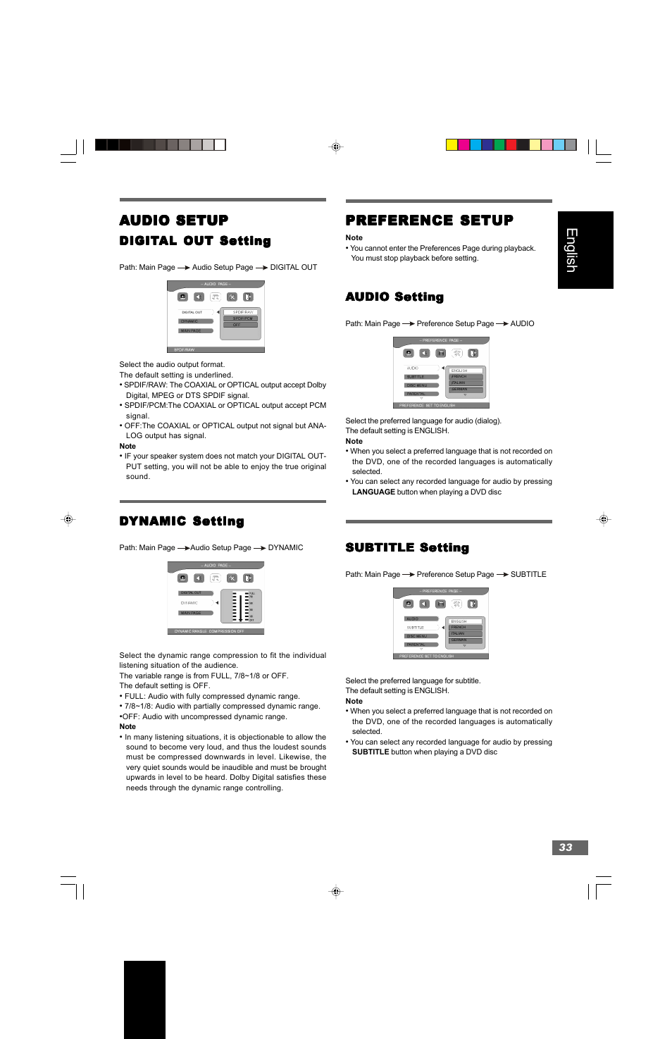 English, Preference setup | Hitachi HTD-K160 User Manual | Page 33 / 47