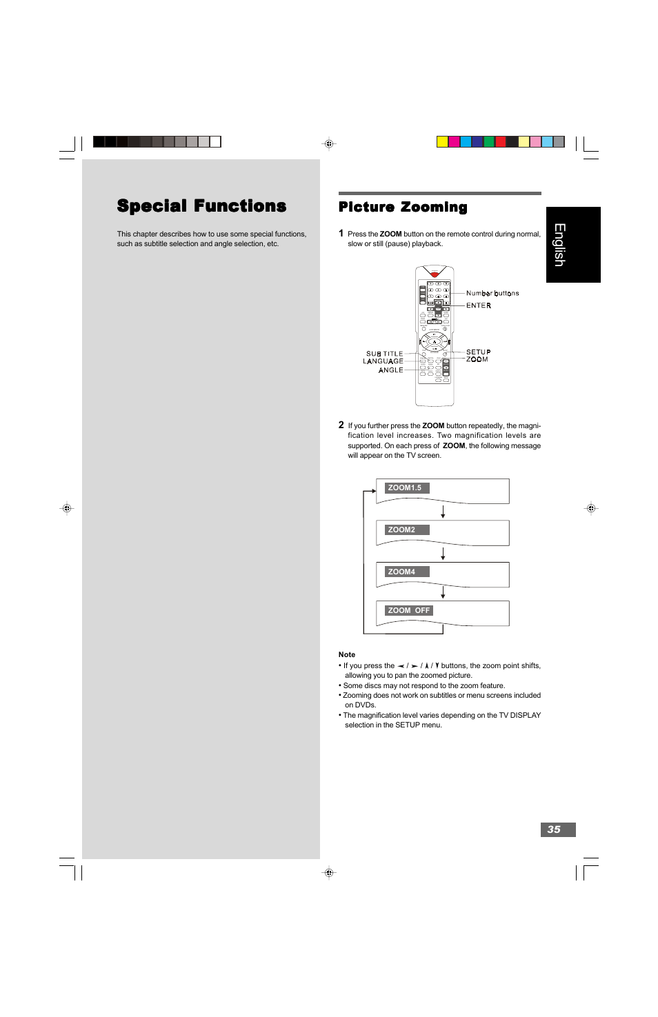 Special functions, English, Picture zooming | Hitachi HTD-K160 User Manual | Page 35 / 47