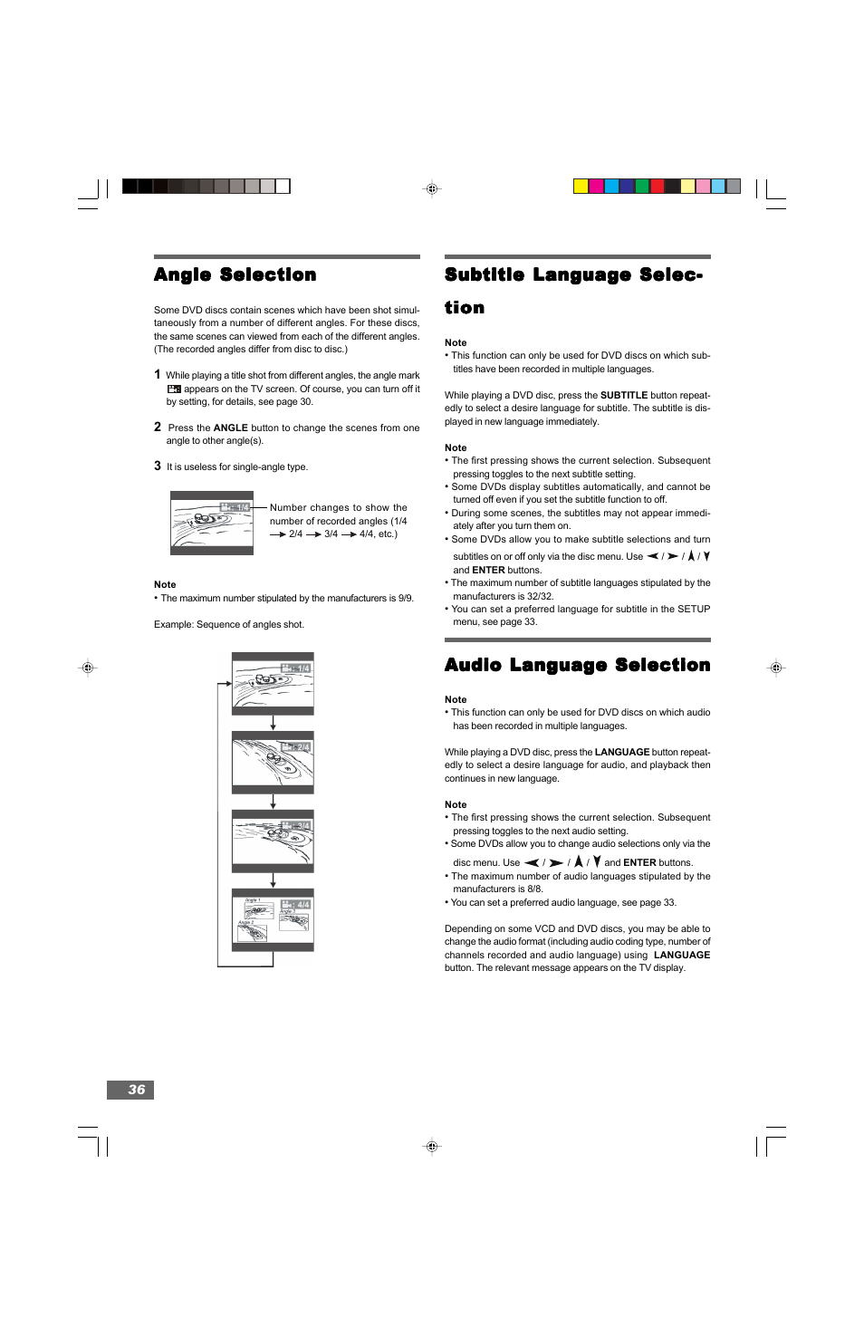 Subtitle language selec, Audio language selection, Angle selection | Hitachi HTD-K160 User Manual | Page 36 / 47