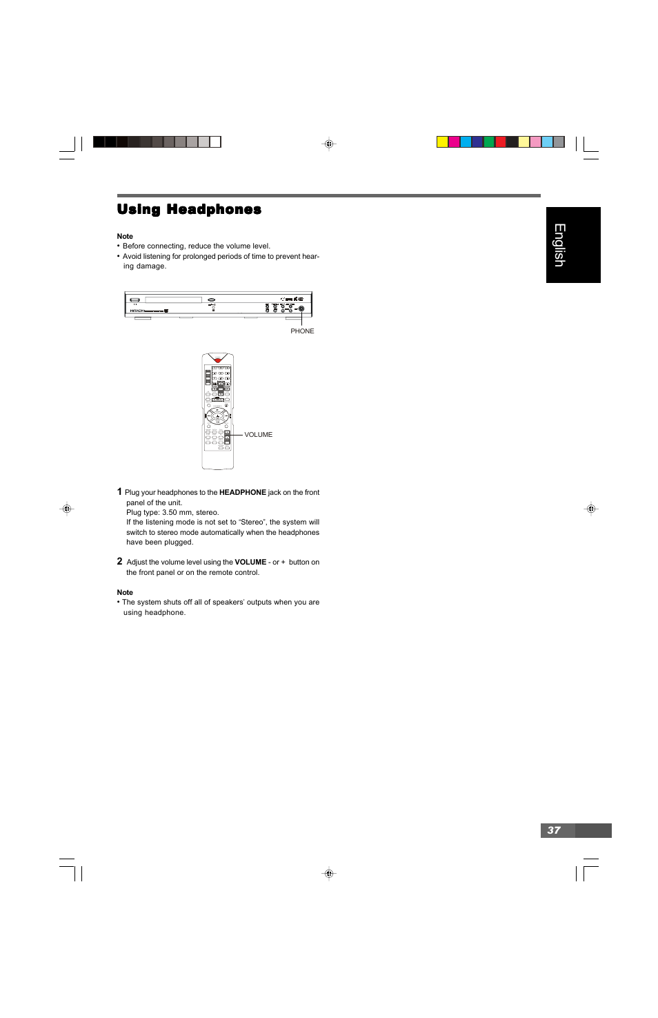 English, Using headphones | Hitachi HTD-K160 User Manual | Page 37 / 47