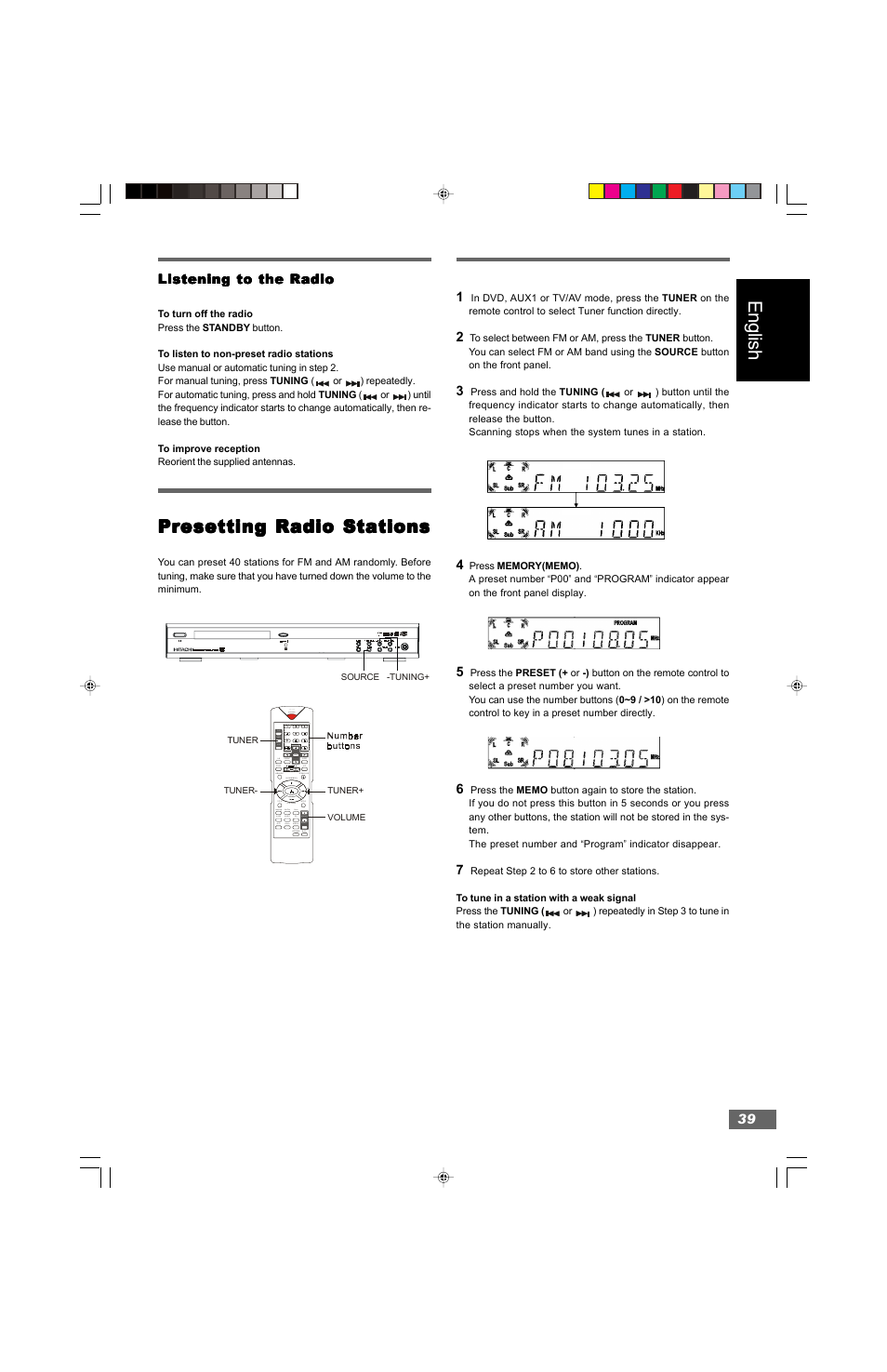 English, Presetting radio stations | Hitachi HTD-K160 User Manual | Page 39 / 47