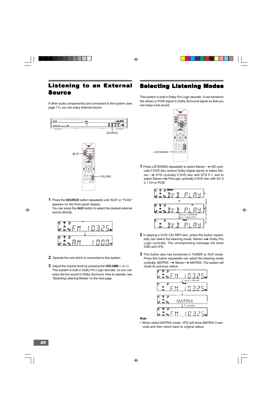 Selecting listening modes, Listening to an exter, Power | Open/close | Hitachi HTD-K160 User Manual | Page 40 / 47