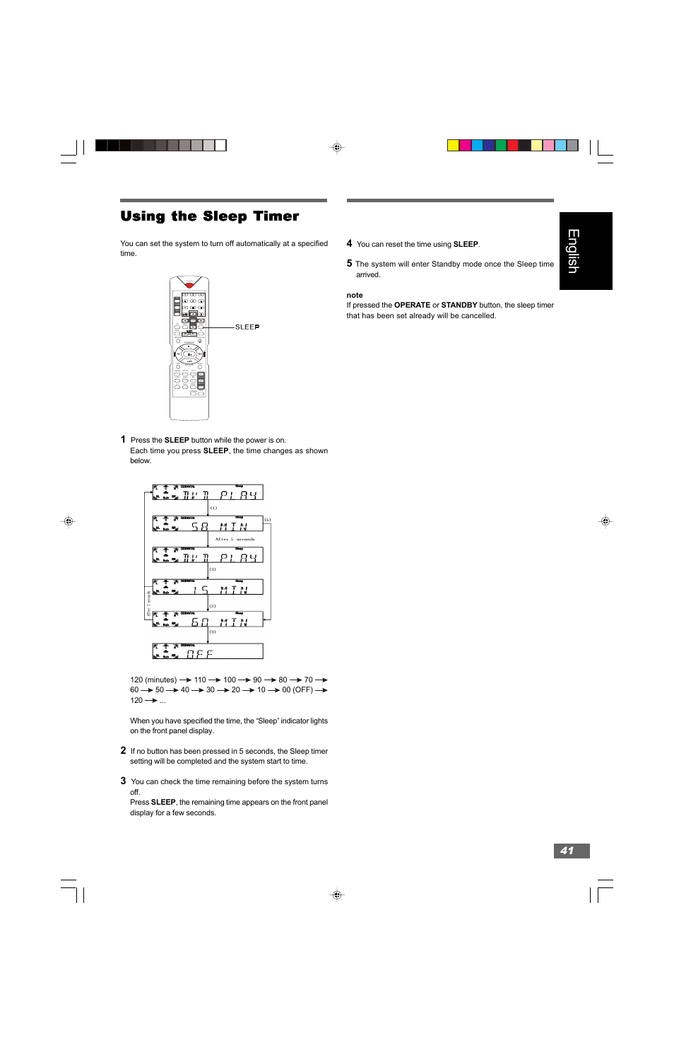 English, Using the sleep timer | Hitachi HTD-K160 User Manual | Page 41 / 47