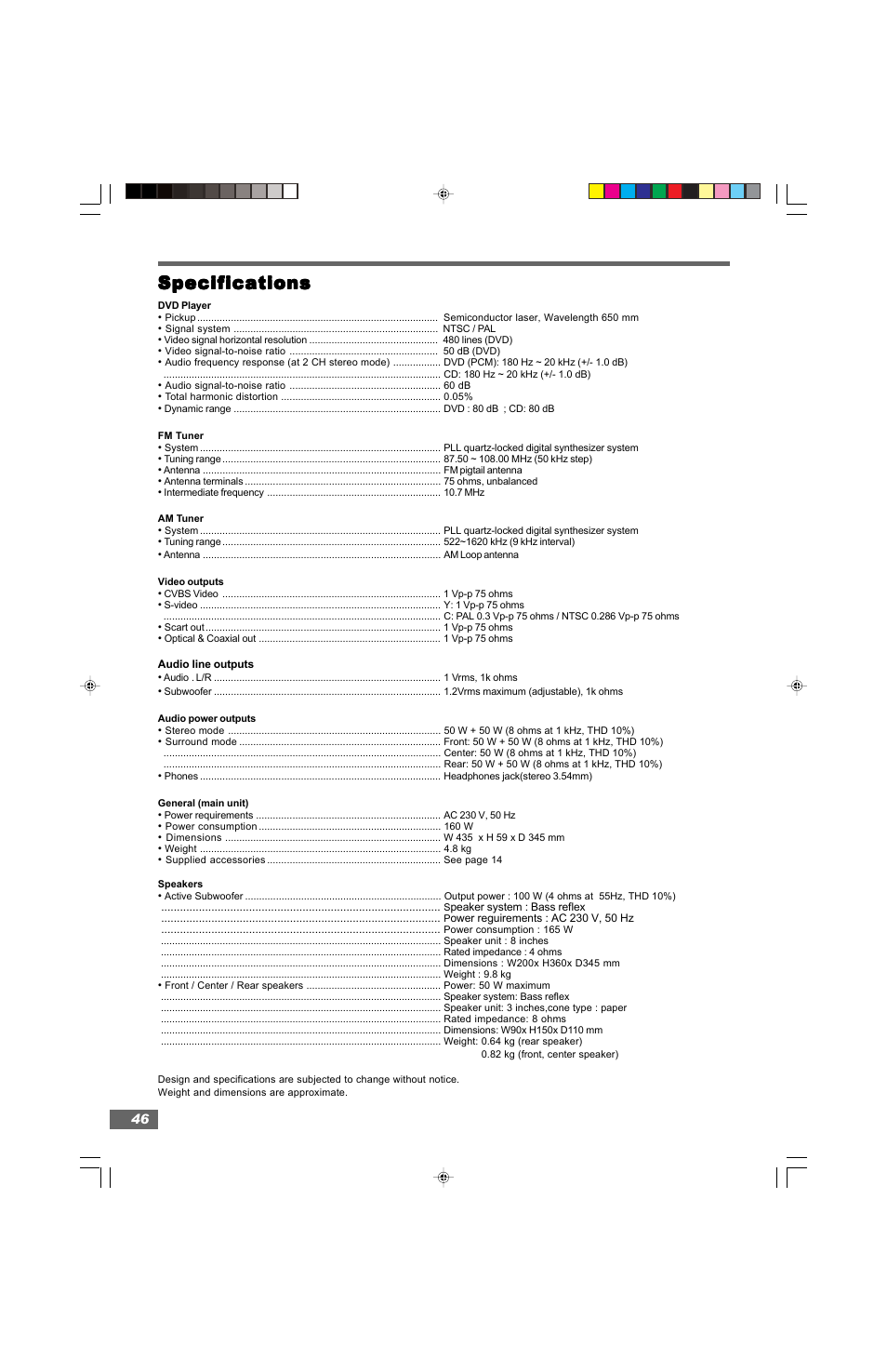 Specifications | Hitachi HTD-K160 User Manual | Page 46 / 47