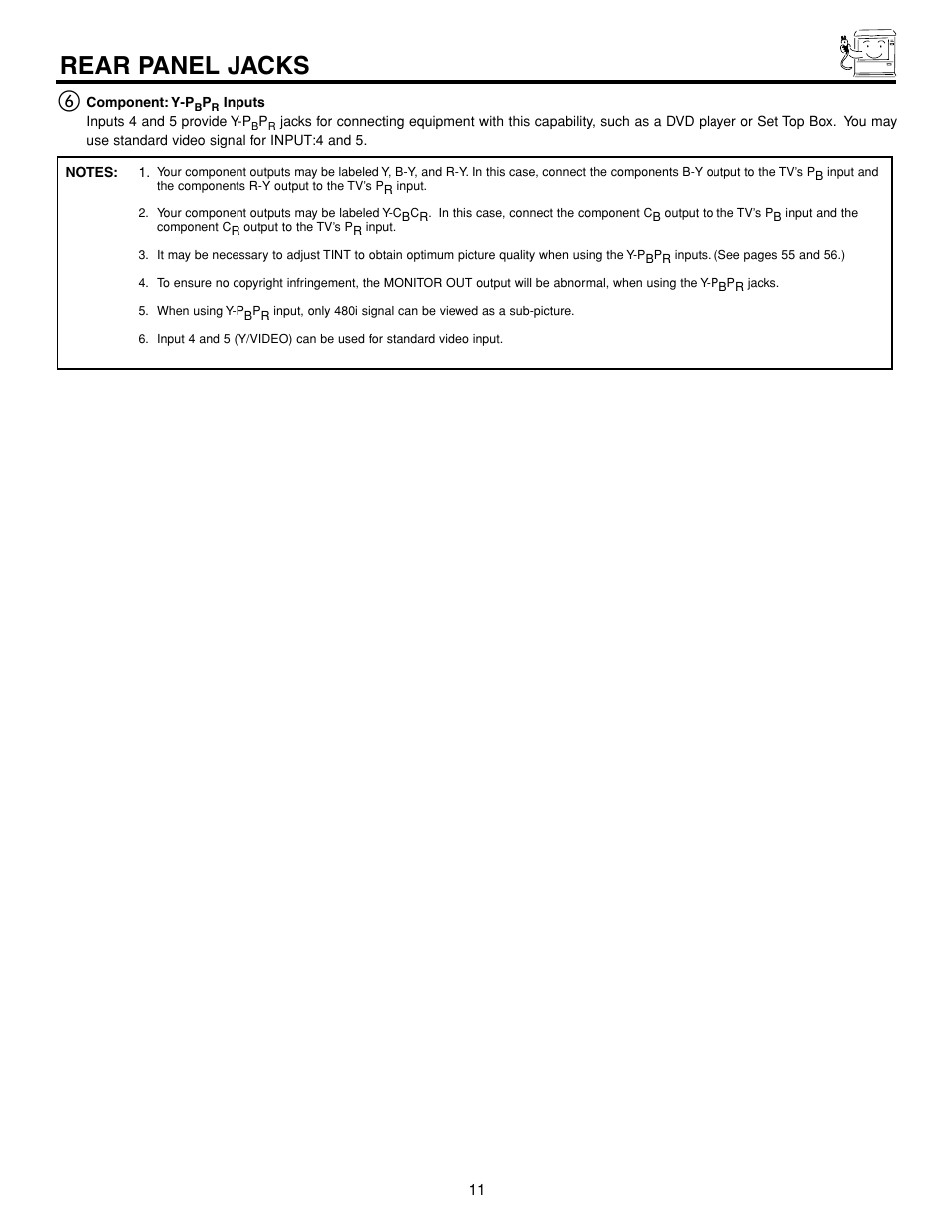 Rear panel jacks | Hitachi 53FDX20B User Manual | Page 11 / 68