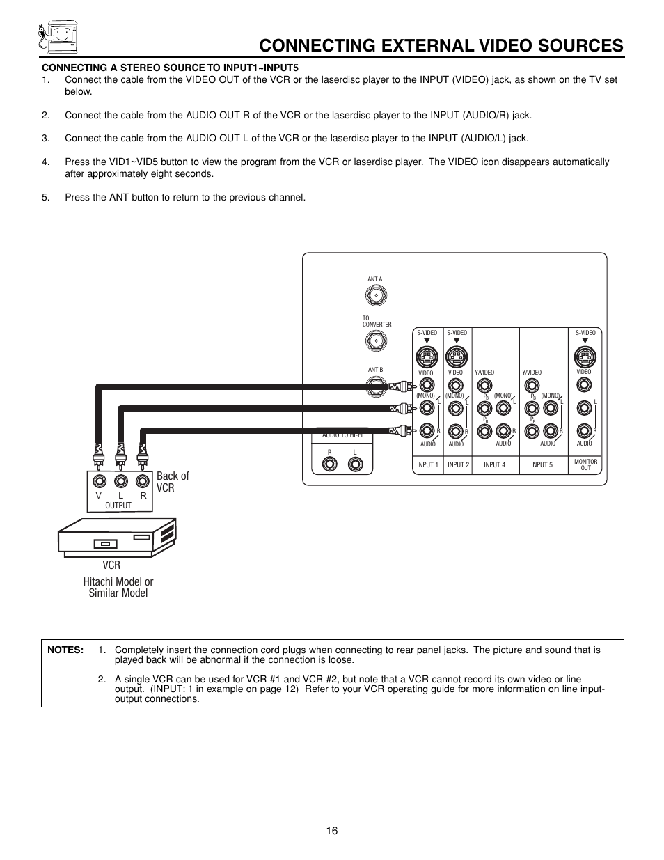 Connecting external video sources, Hitachi model or similar model back of vcr | Hitachi 53FDX20B User Manual | Page 16 / 68