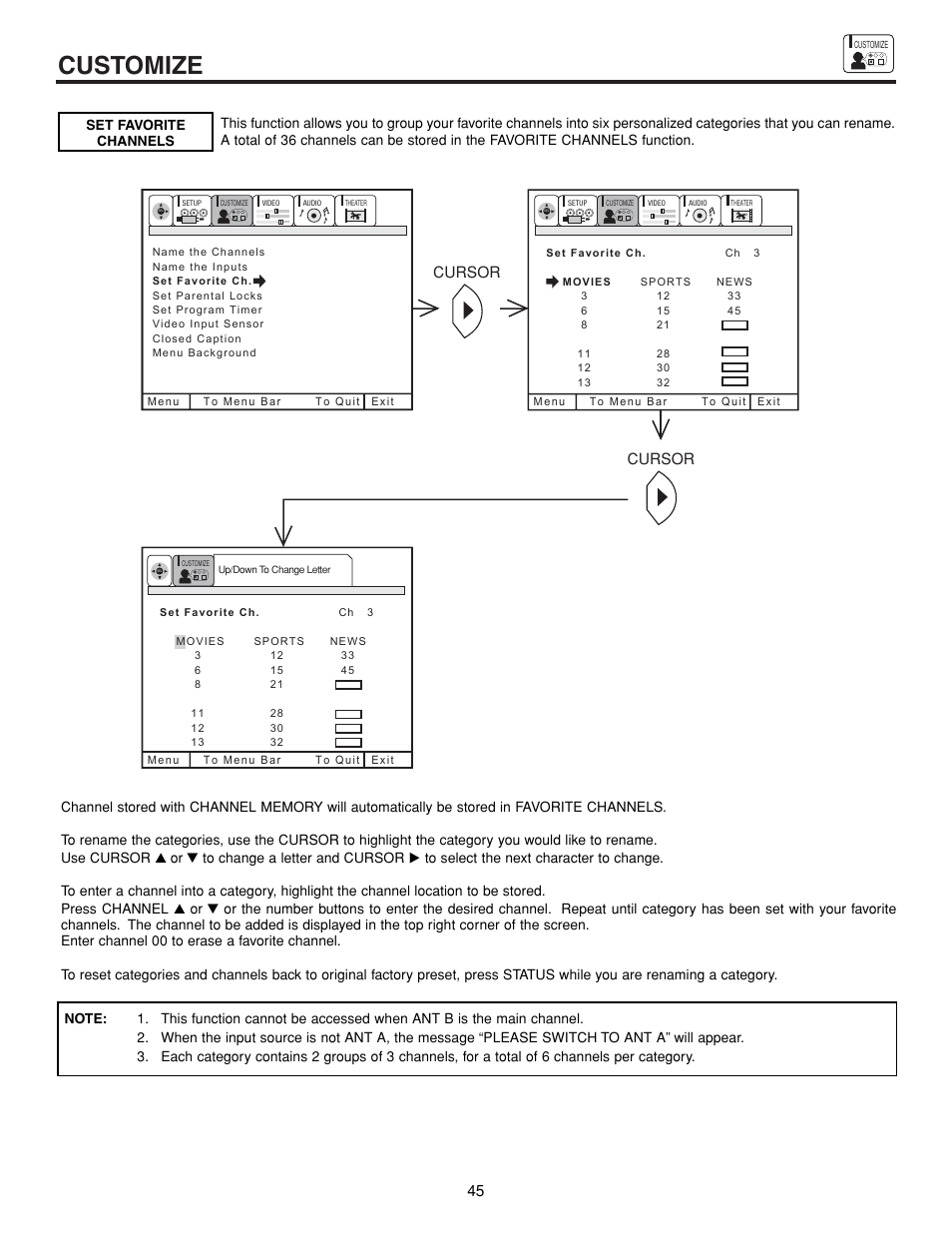 Customize, Cursor | Hitachi 53FDX20B User Manual | Page 45 / 68