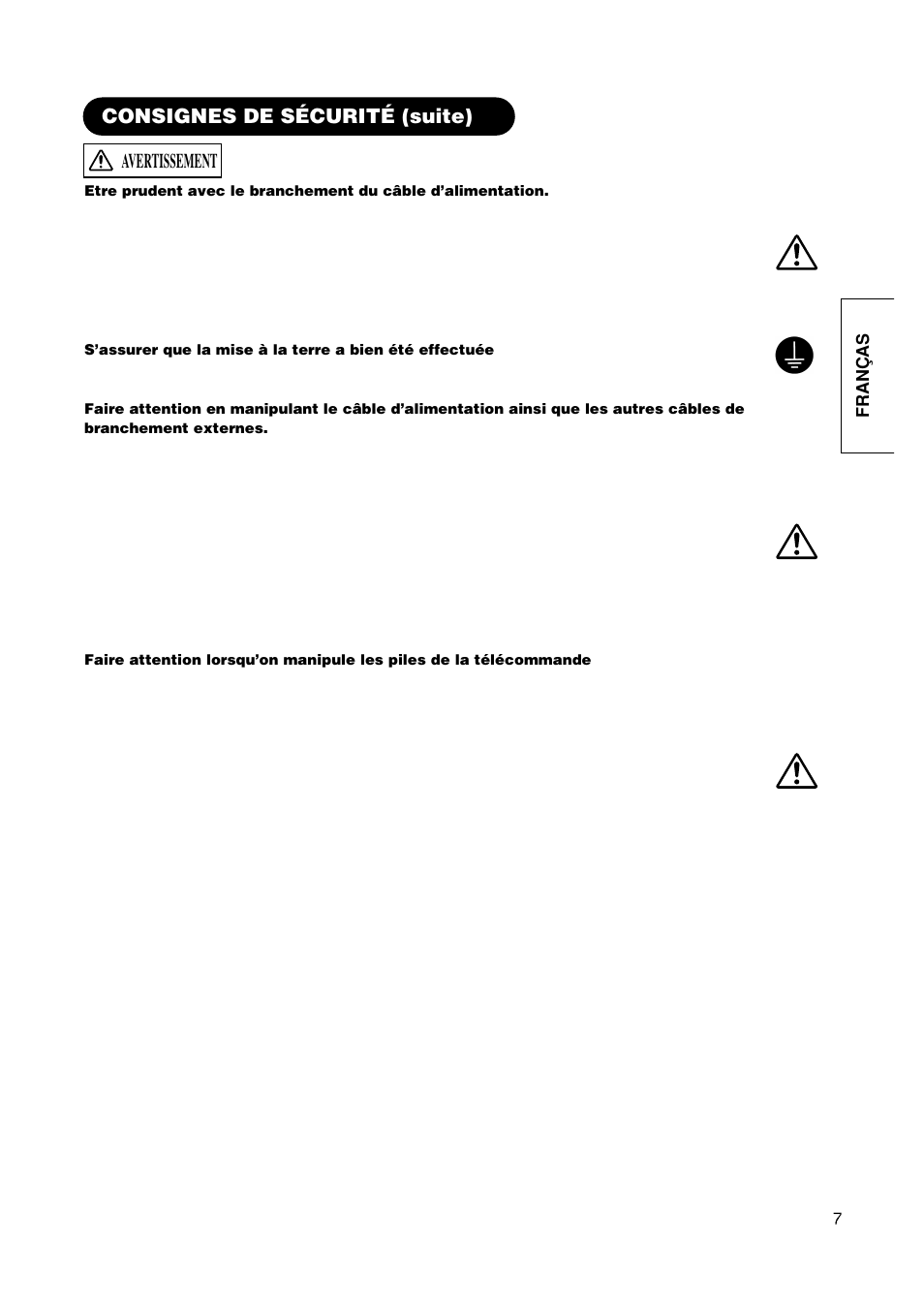 Consignes de sécurité (suite), Avertissement, Franças | Hitachi CMP420V1 User Manual | Page 55 / 142