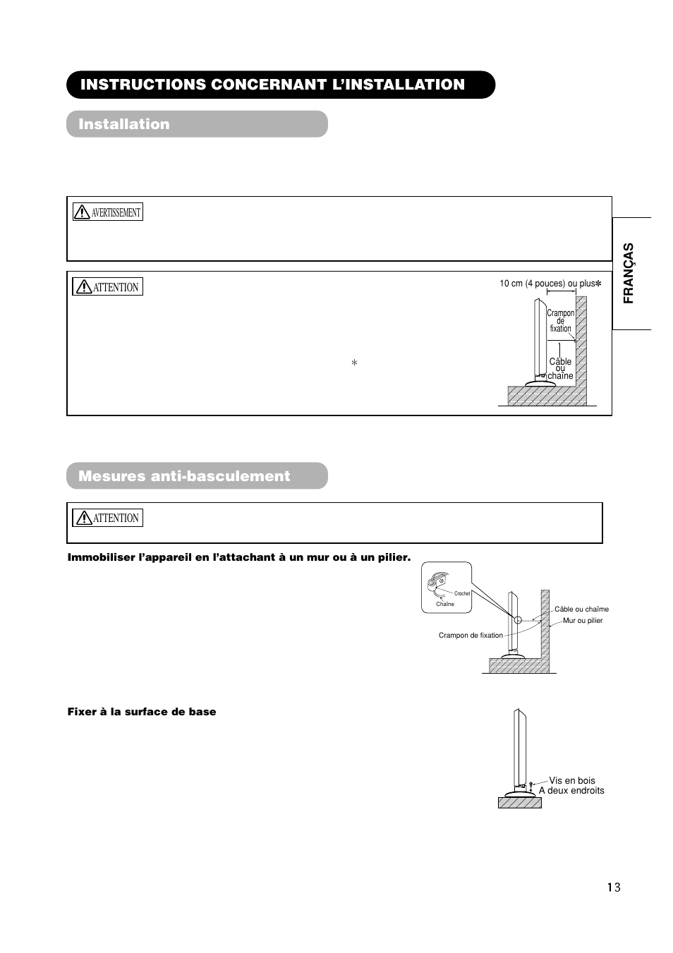 Mesures anti-basculement, Franças, Attention | Avertissement | Hitachi CMP420V1 User Manual | Page 61 / 142