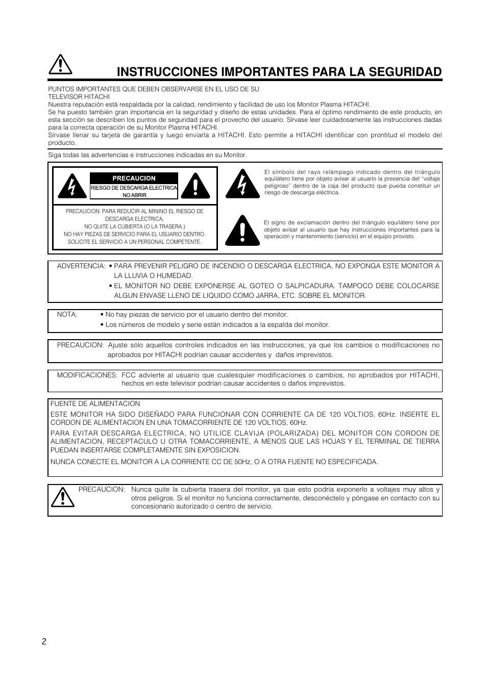 Instrucciones importantes para la seguridad | Hitachi CMP420V1 User Manual | Page 96 / 142