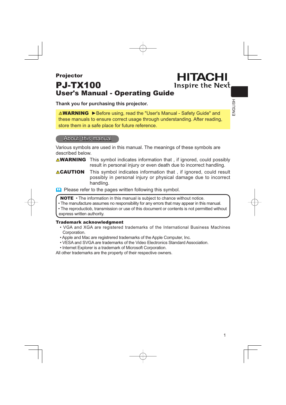 Hitachi PJ-TX100 User Manual | 50 pages