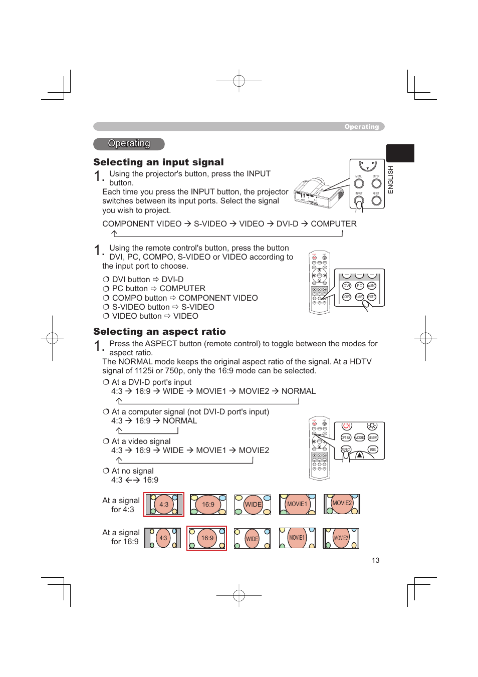 Operating, Operating selecting an input signal, Selecting an aspect ratio | Hitachi PJ-TX100 User Manual | Page 13 / 50