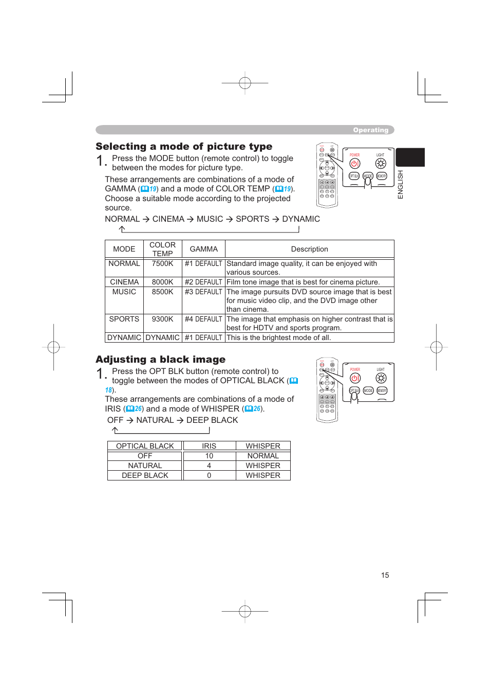 Selecting a mode of picture type, Adjusting a black image, And a mode of color temp | And a mode of whisper, Off natural deep black | Hitachi PJ-TX100 User Manual | Page 15 / 50