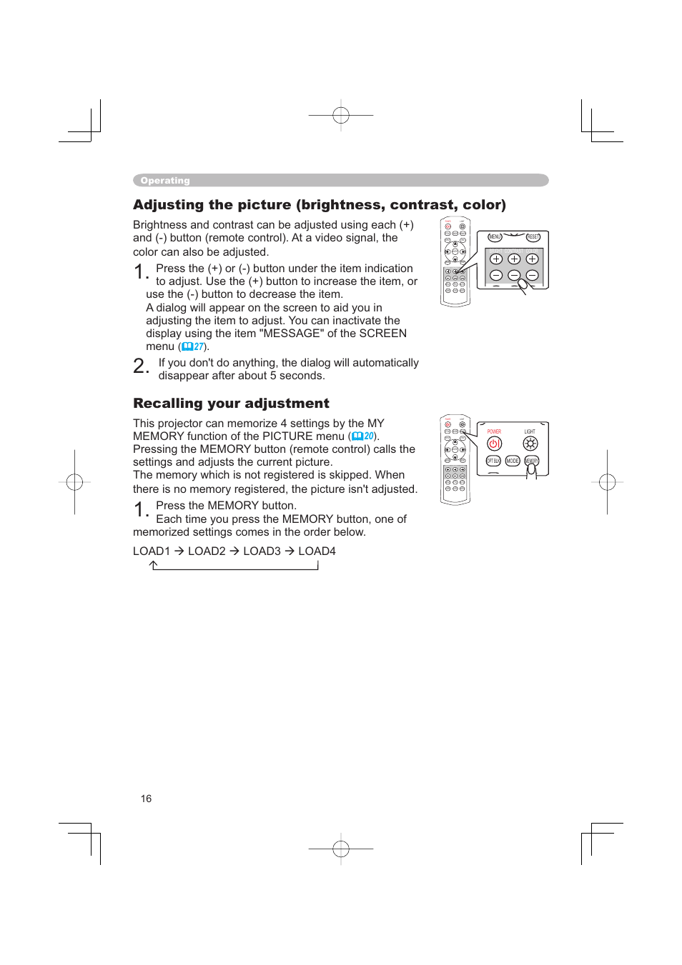 Recalling your adjustment | Hitachi PJ-TX100 User Manual | Page 16 / 50