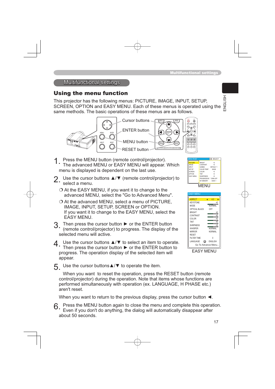 Multifunctional settings, Multifunctional settings using the menu function, Menu | Easy menu | Hitachi PJ-TX100 User Manual | Page 17 / 50